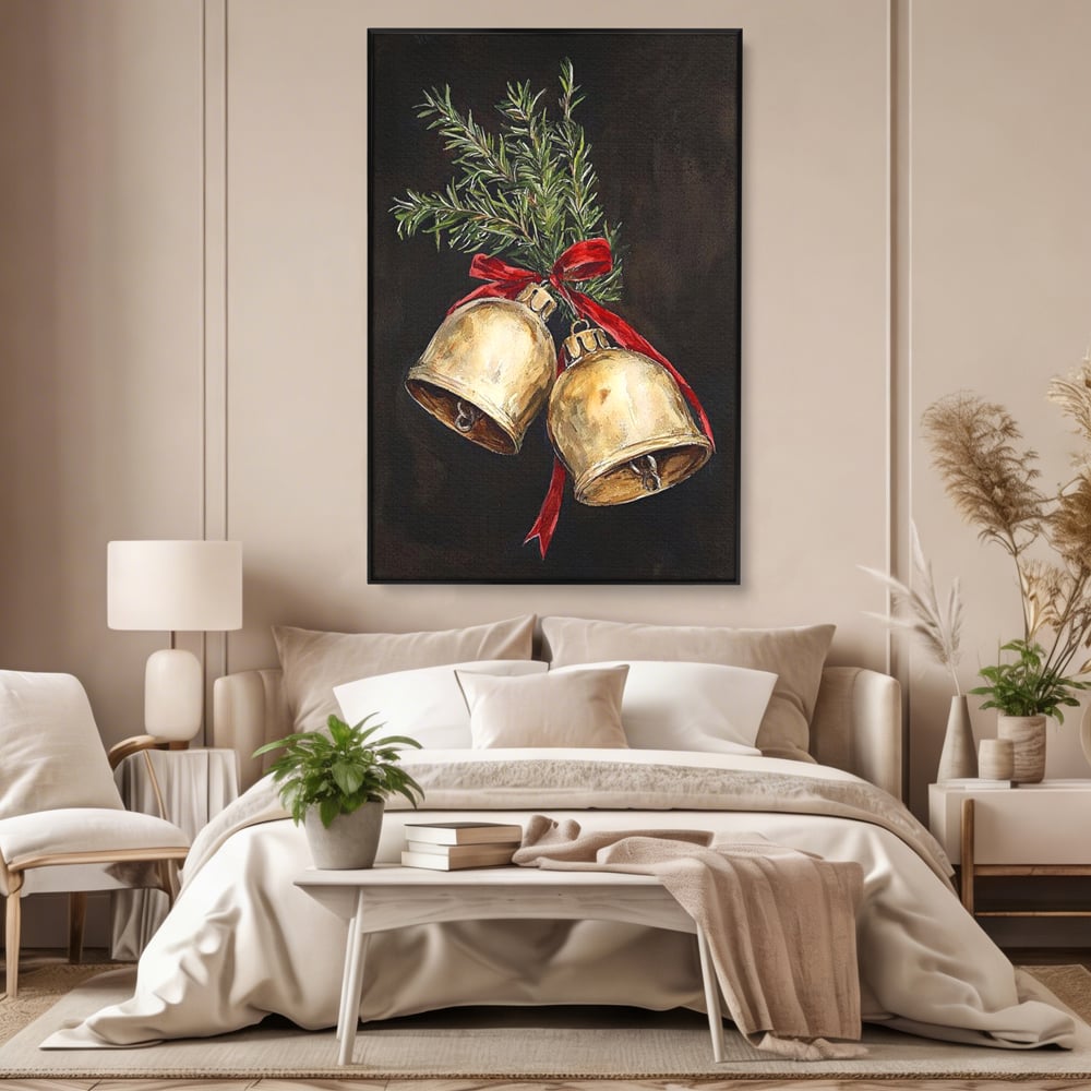 Tablou canvas cu tablou canvas cu clopotei de craciun, in rama de aluminiu negru, pe perete intr-un dormitor